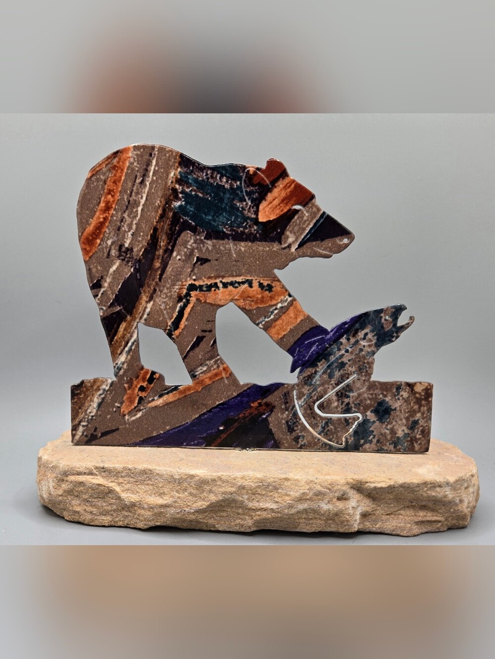 Metal Bear with Fish Cutout Artistically Painted & Stone Mounted